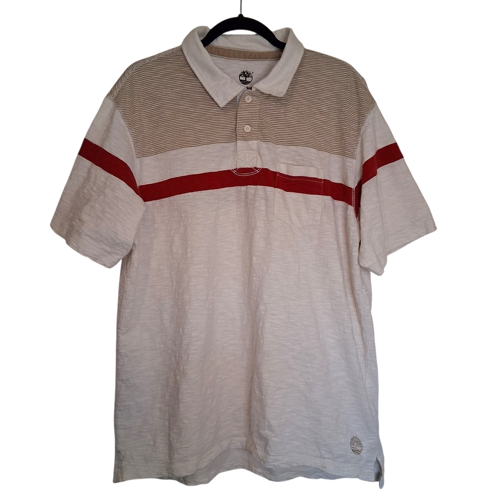 Timberland Polo Shirt | Men's XL Rugby Stripe Red White Tan Cotten